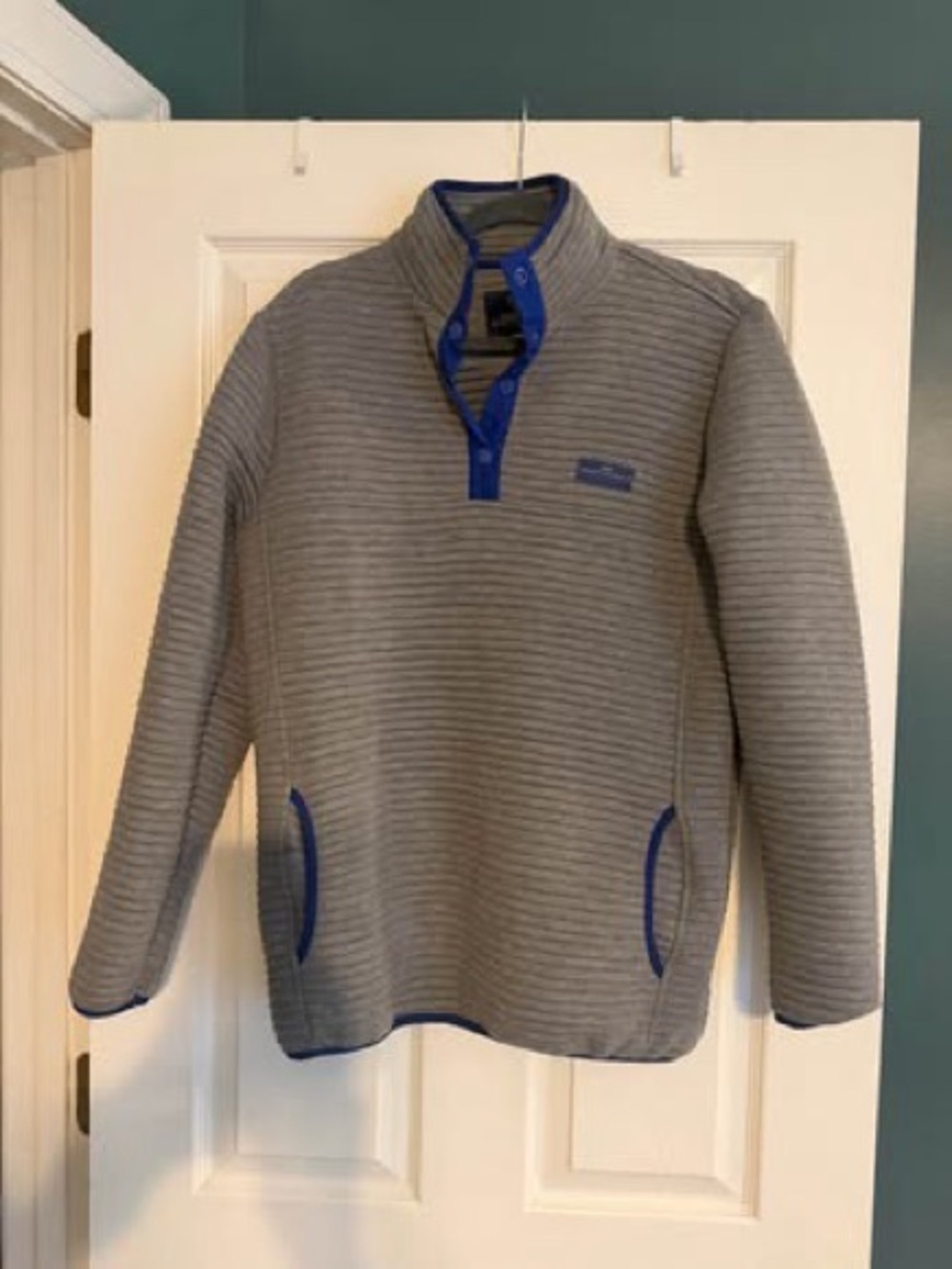 Simply Southern Gray Ribbed Quarter Zip Pullover with Blue Trim